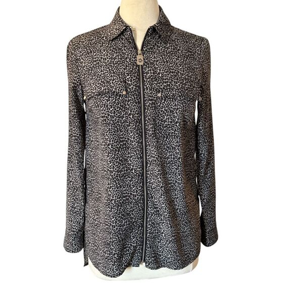 Michael Kors Leopard Print Blouse‎ Small Zip Front Long Sleeve Animal Print - Picture 1 of 6
